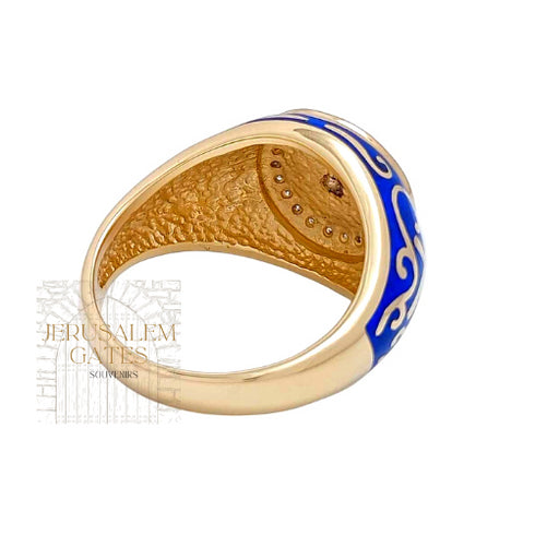 14K Gold With Diamonds and Blue Enamel Jerusdalem Cross Ring